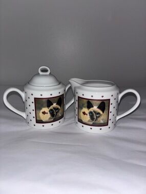 Lowell Herrero vintage Siamese cat w/ fishbowl sugar & creamer set 1986 Vandor